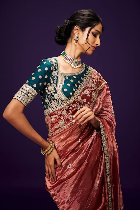 Buy_Issa Studio By Chetana & Swathi_Red Silk, Tissue Zari, Sequins, Cut Zardozi Floral Embroidered Metallic Saree 