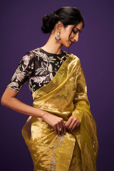 Shop Issa Studio By Chetana & Swathi Black Tissue Zari Round Neck Embroidered Blouse Shop_Issa Studio By Chetana & Swathi_Black Tissue Zari Round Neck Embroidered Blouse