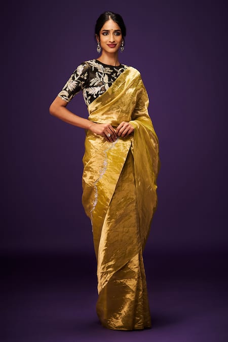 Issa Studio By Chetana & Swathi_Yellow Tissue Cut Work, Sequins, Embroidery Cutdana Pallu Saree _Online_at_Aza_Fashions