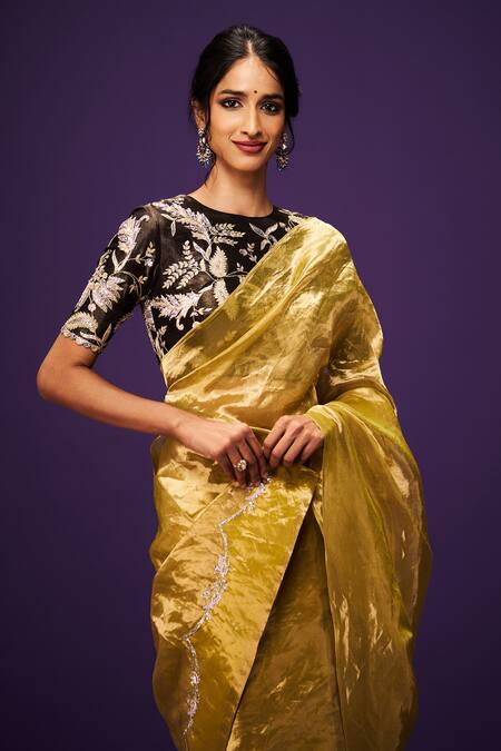 Buy_Issa Studio By Chetana & Swathi_Yellow Tissue Cut Work, Sequins, Embroidery Cutdana Pallu Saree _Online_at_Aza_Fashions