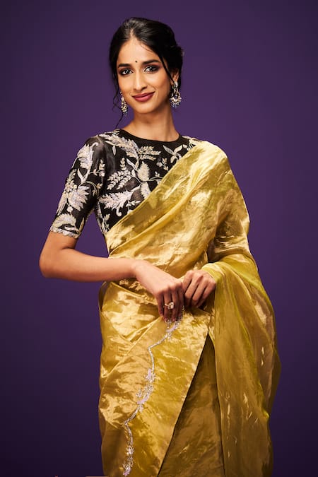 Shop_Issa Studio By Chetana & Swathi_Yellow Tissue Cut Work, Sequins, Embroidery Cutdana Pallu Saree _Online_at_Aza_Fashions