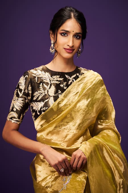 Issa Studio By Chetana & Swathi_Yellow Tissue Cut Work, Sequins, Embroidery Cutdana Pallu Saree _at_Aza_Fashions