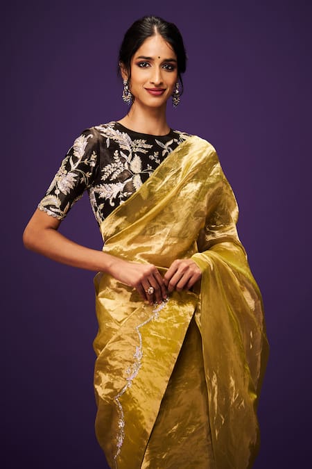 Buy_Issa Studio By Chetana & Swathi_Black Tissue Zari, Sequins, Cut Work Yellow Metallic Saree And Embroidered Blouse _Online_at_Aza_Fashions