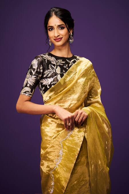 Shop_Issa Studio By Chetana & Swathi_Black Tissue Zari, Sequins, Cut Work Yellow Metallic Saree And Embroidered Blouse _Online_at_Aza_Fashions