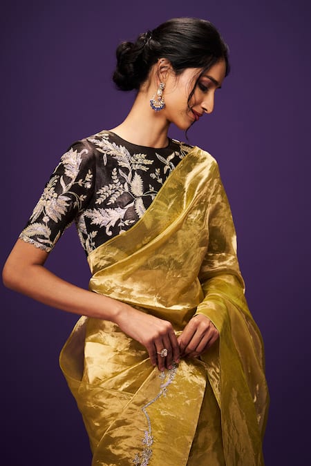 Buy_Issa Studio By Chetana & Swathi_Black Tissue Zari, Sequins, Cut Work Yellow Metallic Saree And Embroidered Blouse 