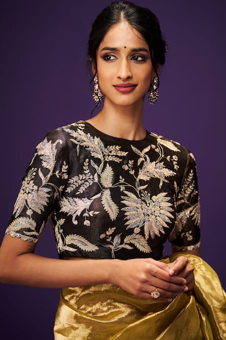 Shop_Issa Studio By Chetana & Swathi_Black Tissue Zari, Sequins, Cut Work Yellow Metallic Saree And Embroidered Blouse 
