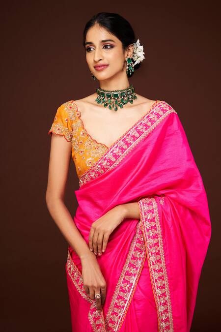 Buy_Issa Studio By Chetana & Swathi_Pink Silk Embroidery Bloom Saree _Online_at_Aza_Fashions