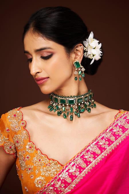 Shop_Issa Studio By Chetana & Swathi_Yellow Silk Embroidery Round Neck Bloom Saree Set _Online_at_Aza_Fashions