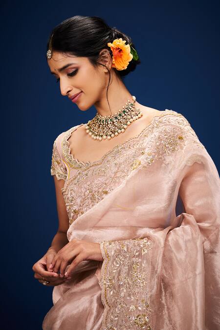 Shop_Issa Studio By Chetana & Swathi_Pink Tissue Embroidery Cutwork Gul Blouse _Online_at_Aza_Fashions