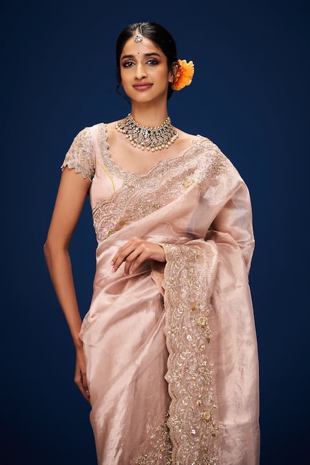 Issa Studio By Chetana & Swathi_Pink Tissue Embroidery Gul Saree _Online_at_Aza_Fashions