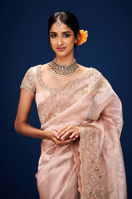 Issa Studio By Chetana & Swathi_Pink Tissue Embroidery Gul Saree _at_Aza_Fashions