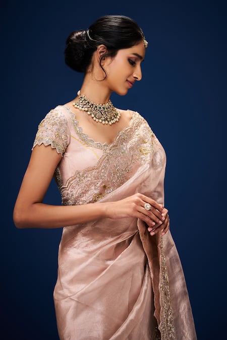 Shop_Issa Studio By Chetana & Swathi_Pink Tissue Embroidery Round Neck Gul Saree Set _Online_at_Aza_Fashions