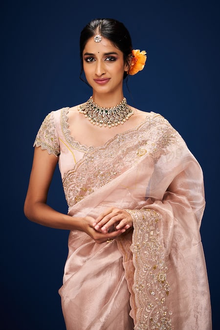 Issa Studio By Chetana & Swathi_Pink Tissue Embroidery Round Neck Gul Saree Set _at_Aza_Fashions
