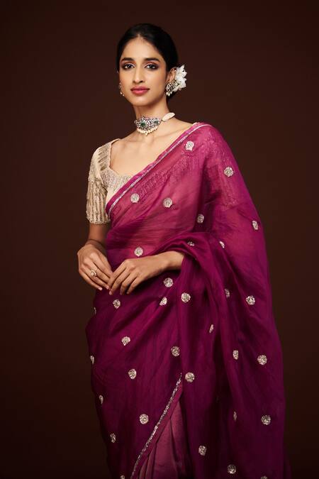 Buy_Issa Studio By Chetana & Swathi_Burgundy Organza Embroidery Buti Woven Saree _Online_at_Aza_Fashions