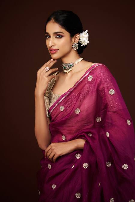 Shop_Issa Studio By Chetana & Swathi_Burgundy Organza Embroidery Buti Woven Saree _Online_at_Aza_Fashions