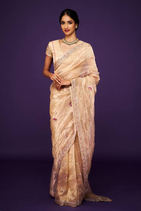 Issa Studio By Chetana & Swathi Ivory Organza, Tissue Embroidery V-neck Floral Blouse Online at Aza Fashions Issa Studio By Chetana & Swathi_Ivory Organza, Tissue Embroidery V-neck Floral Blouse _Online_at_Aza_Fashions