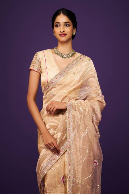 Shop Issa Studio By Chetana & Swathi Ivory Organza, Tissue Embroidery V-neck Floral Blouse Online at Aza Fashions Shop_Issa Studio By Chetana & Swathi_Ivory Organza, Tissue Embroidery V-neck Floral Blouse _Online_at_Aza_Fashions