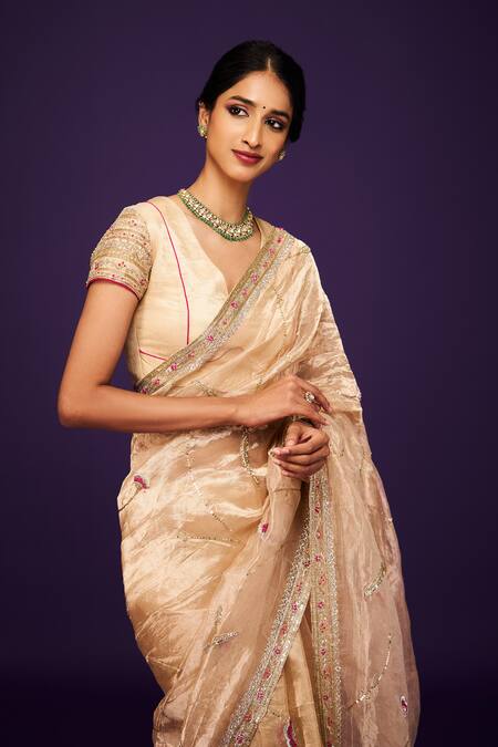 Issa Studio By Chetana & Swathi Ivory Organza, Tissue Embroidery V-neck Floral Blouse at Aza Fashions Issa Studio By Chetana & Swathi_Ivory Organza, Tissue Embroidery V-neck Floral Blouse _at_Aza_Fashions