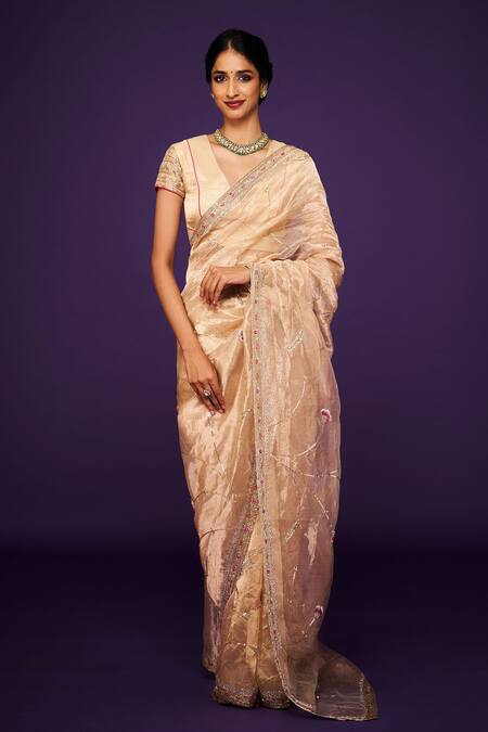 Issa Studio By Chetana & Swathi_Ivory Organza Sequins Bloom Embroidered Saree _Online_at_Aza_Fashions