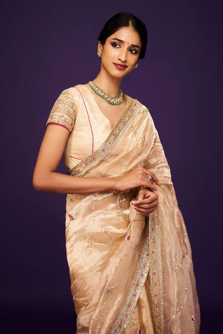 Shop_Issa Studio By Chetana & Swathi_Ivory Organza Sequins Bloom Embroidered Saree _Online_at_Aza_Fashions