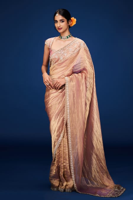 Issa Studio By Chetana & Swathi_Rose Gold Tissue Embroidery Round Neck Fleur Blouse _Online_at_Aza_Fashions