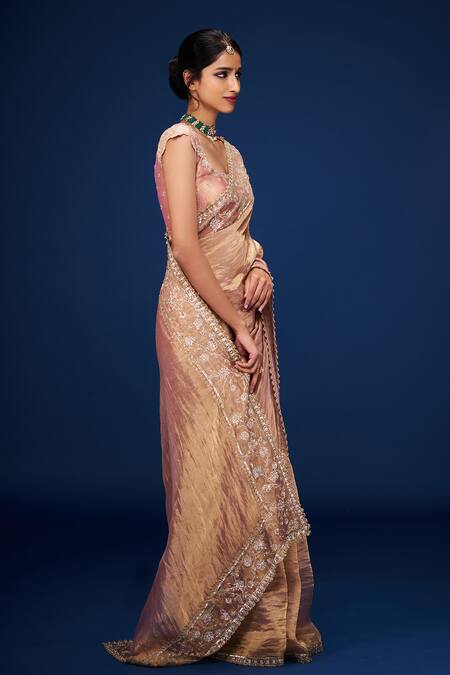 Buy_Issa Studio By Chetana & Swathi_Rose Gold Tissue Embroidery Round Neck Fleur Blouse _Online_at_Aza_Fashions