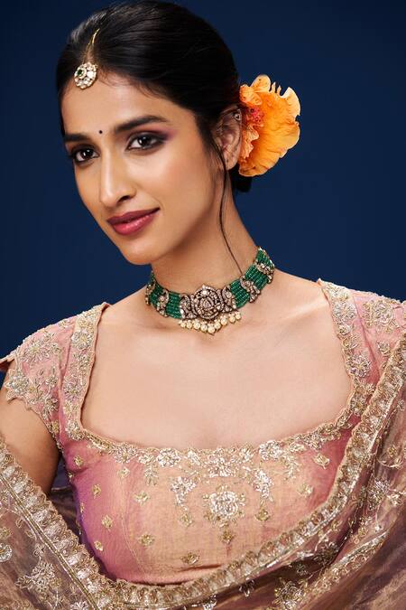 Shop_Issa Studio By Chetana & Swathi_Rose Gold Tissue Embroidery Round Neck Fleur Blouse _Online_at_Aza_Fashions