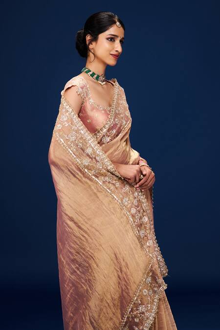 Issa Studio By Chetana & Swathi_Rose Gold Tissue Embroidery Fleur Saree _at_Aza_Fashions