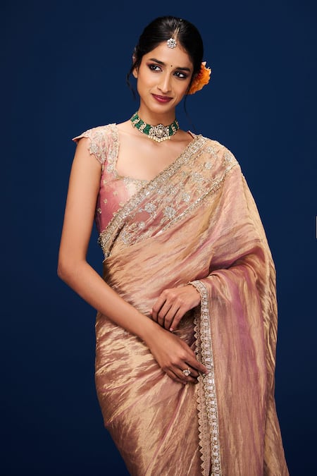 Issa Studio By Chetana & Swathi_Rose Gold Tissue Embroidery Round Neck Fleur Saree Set _Online_at_Aza_Fashions