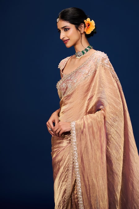 Buy_Issa Studio By Chetana & Swathi_Rose Gold Tissue Embroidery Round Neck Fleur Saree Set _Online_at_Aza_Fashions