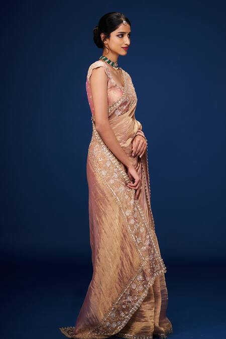 Shop_Issa Studio By Chetana & Swathi_Rose Gold Tissue Embroidery Round Neck Fleur Saree Set _Online_at_Aza_Fashions