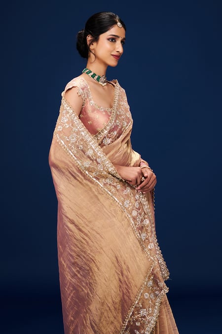 Issa Studio By Chetana & Swathi_Rose Gold Tissue Embroidery Round Neck Fleur Saree Set _at_Aza_Fashions