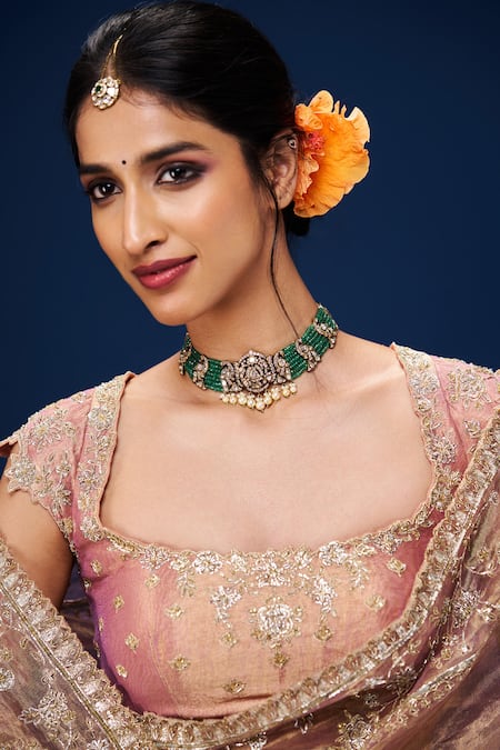 Buy_Issa Studio By Chetana & Swathi_Rose Gold Tissue Embroidery Round Neck Fleur Saree Set 