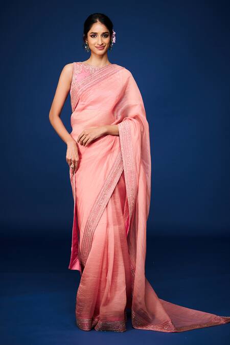 Issa Studio By Chetana & Swathi_Pink Organza Embroidery Boat Neck Bahar Saree Set _Online_at_Aza_Fashions