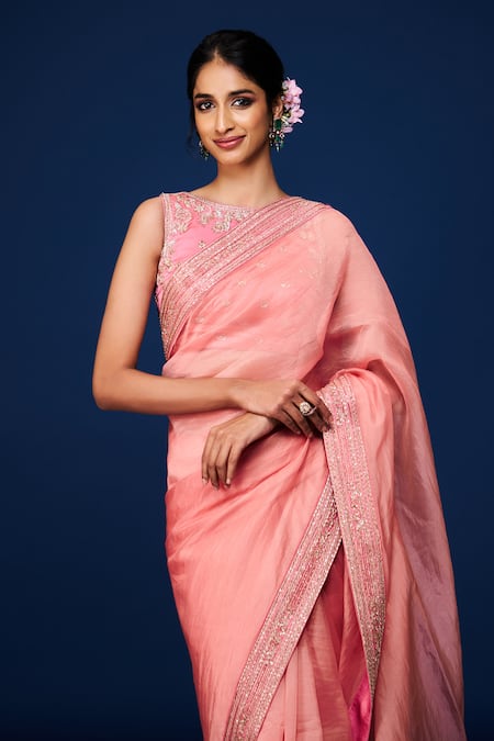 Buy_Issa Studio By Chetana & Swathi_Pink Organza Embroidery Boat Neck Bahar Saree Set _Online_at_Aza_Fashions