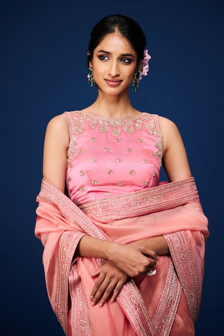 Shop_Issa Studio By Chetana & Swathi_Pink Organza Embroidery Boat Neck Bahar Saree Set _Online_at_Aza_Fashions