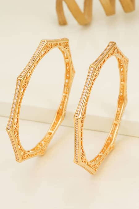 Smars Jewelry_Gold Plated Crystals Hexagonal Cubic Zirconia Bangles Set _Online_at_Aza_Fashions