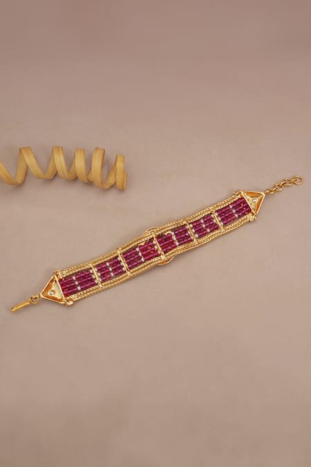 Shop Smars Jewelry Gold Plated Beads, Stones Ruby Embellished Designer Bracelet at Aza Fashions Shop_Smars Jewelry_Gold Plated Beads, Stones Ruby Embellished Designer Bracelet_at_Aza_Fashions