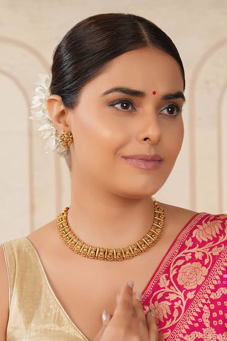 Smars Jewelry Gold Carved Floral Bud Choker Set 