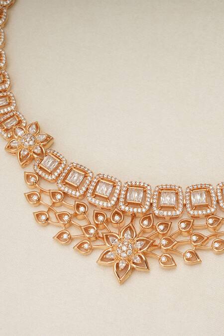 Smars Jewelry_Gold Plated Cut Work, Crystals Floral Cubic Zirconia Necklace Set _Online_at_Aza_Fashions