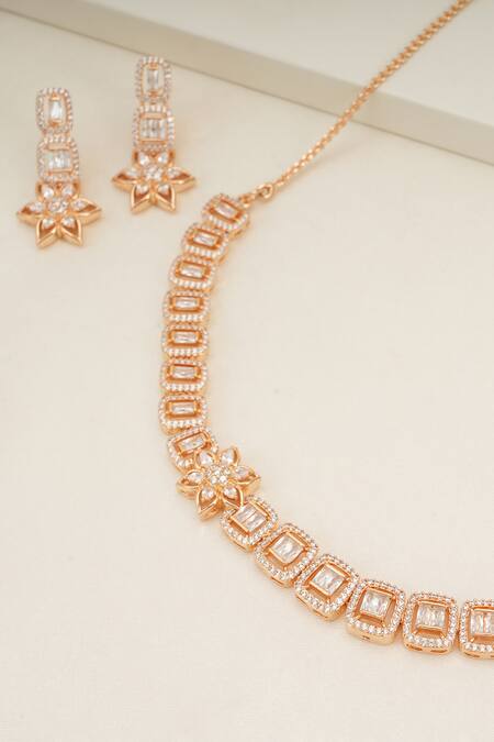 Smars Jewelry_Gold Plated Imitation Diamonds Floral Necklace Set _Online_at_Aza_Fashions