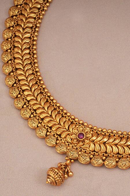 Smars Jewelry_Gold Plated Zari Antique Motif Carved Necklace Set_Online_at_Aza_Fashions