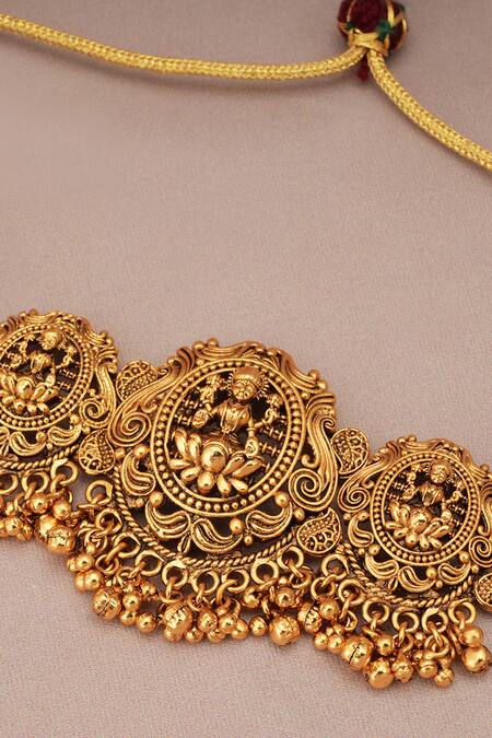 Smars Jewelry_Gold Plated Beads Goddess Laxmi Motif Choker Set _Online_at_Aza_Fashions