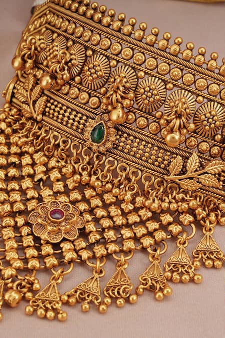 Smars Jewelry_Gold Plated Stones Floral Jaal Carved Necklace Set _Online_at_Aza_Fashions