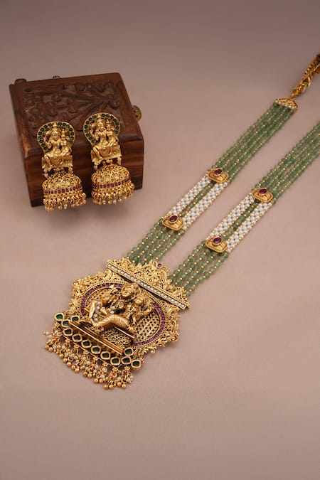 Smars Jewelry_Gold Plated Stones, Beads Shiv Parvati Carved Motif Necklace Set _Online_at_Aza_Fashions