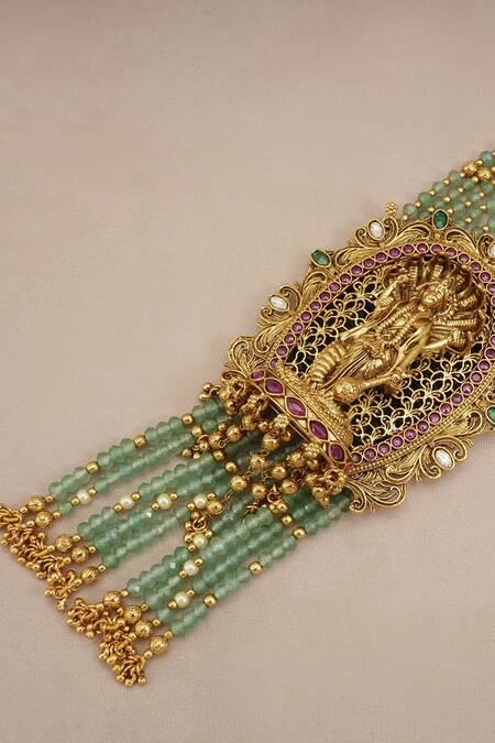 Smars Jewelry_Gold Plated Stones, Beads Lord Vishnu Pendant Necklace Set_Online_at_Aza_Fashions
