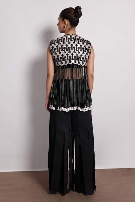 Shop Devina Juneja Black Leather Tassels, Embroidery Round Neck Silver Cord Dori Jacket at Aza Fashions Shop_Devina Juneja_Black Leather Tassels, Embroidery Round Neck Silver Cord Dori Jacket _at_Aza_Fashions