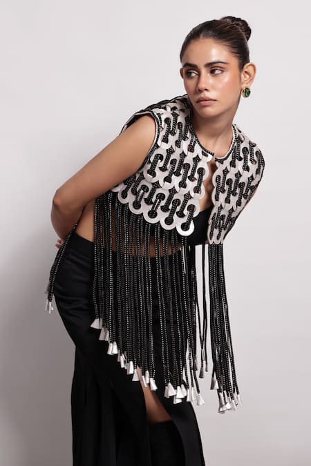 Devina Juneja Black Leather Tassels, Embroidery Round Neck Silver Cord Dori Jacket Online at Aza Fashions Devina Juneja_Black Leather Tassels, Embroidery Round Neck Silver Cord Dori Jacket _Online_at_Aza_Fashions