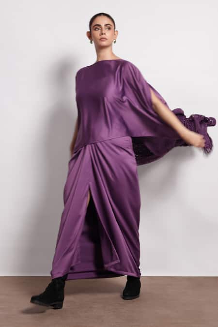 Devina Juneja Purple Satin Lasercut Cape And Knot Skirt Set 