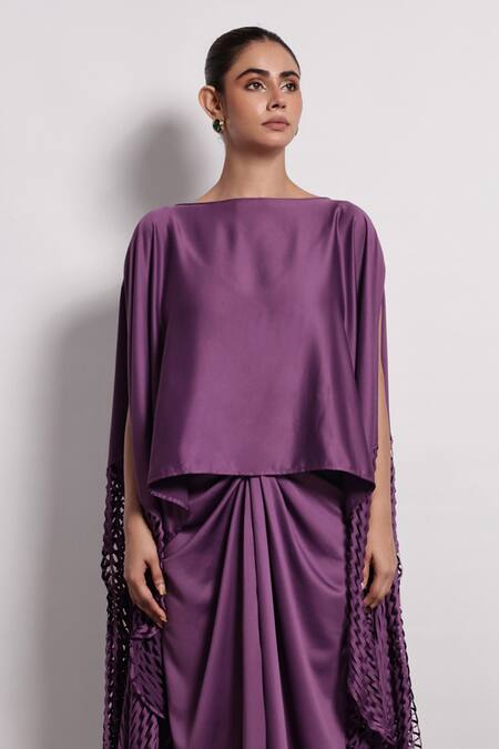 Devina Juneja Purple Satin Lasercut Cape And Knot Skirt Set Online at Aza Fashions Devina Juneja_Purple Satin Lasercut Cape And Knot Skirt Set _Online_at_Aza_Fashions